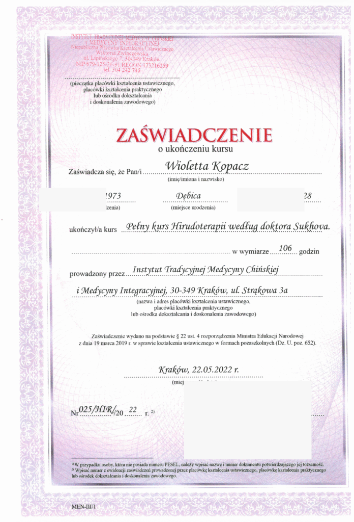 Zanonimizowany dokument: Zaświadczenie: Pełny Kurs Hirudoterapii według doktora Sułkowa